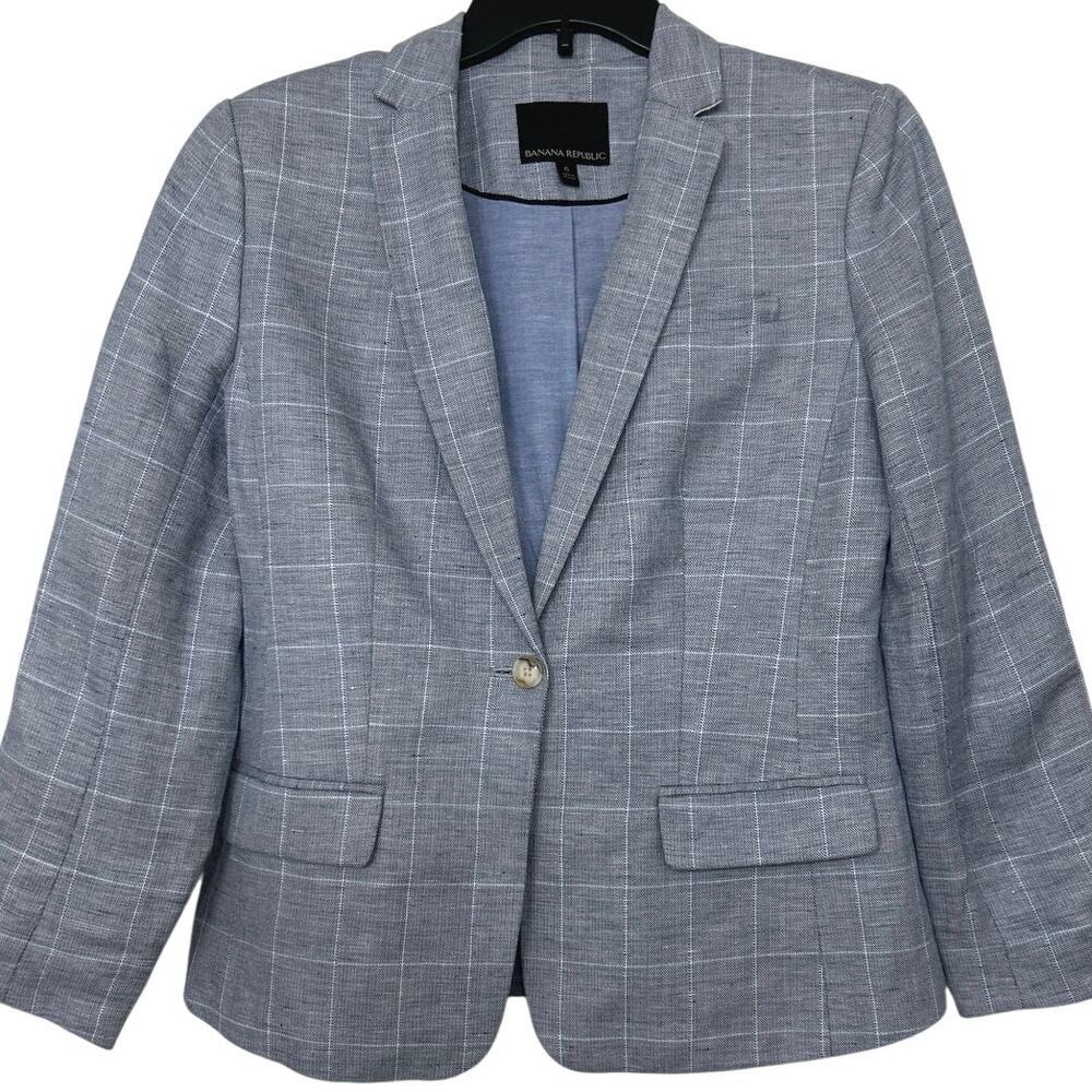 Banana Republic Blue Linen Blend Plaid Blazer Jacket 6 Old Money Preppy Classic